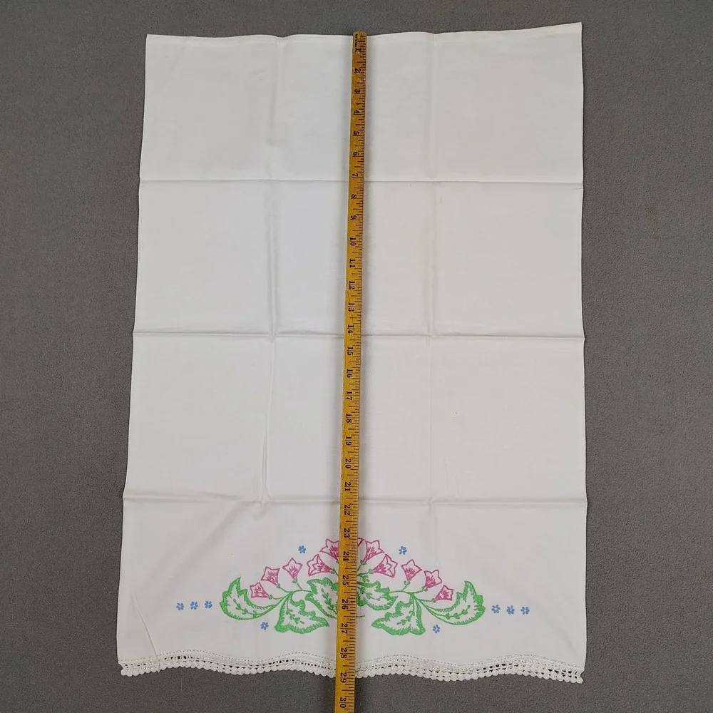 Vintage MCM Floral Embroidered Pillowcase Set (2) Standard Handmade Lace Trim EC